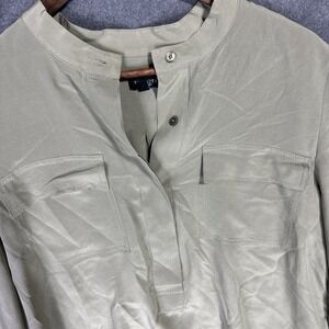 Talbots 100% Silk Blouse Womens Medium Long‎ Sleeve 1/4 Button Front Green Top